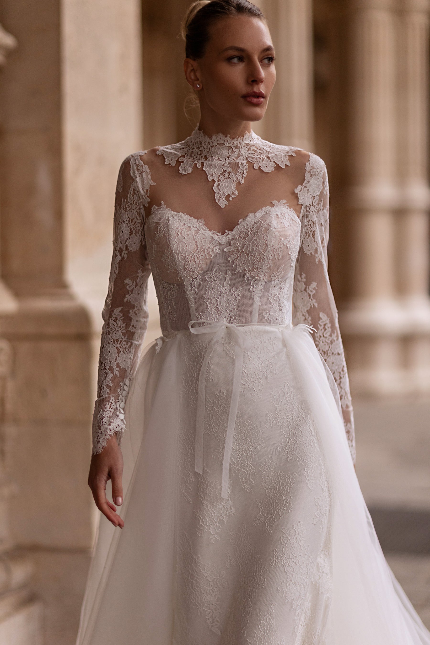Ball Gown Wedding Dress with Lace Appliqués, Illusion High Neckline, Long Sleeves, Tulle Skirt and Cathedral Train