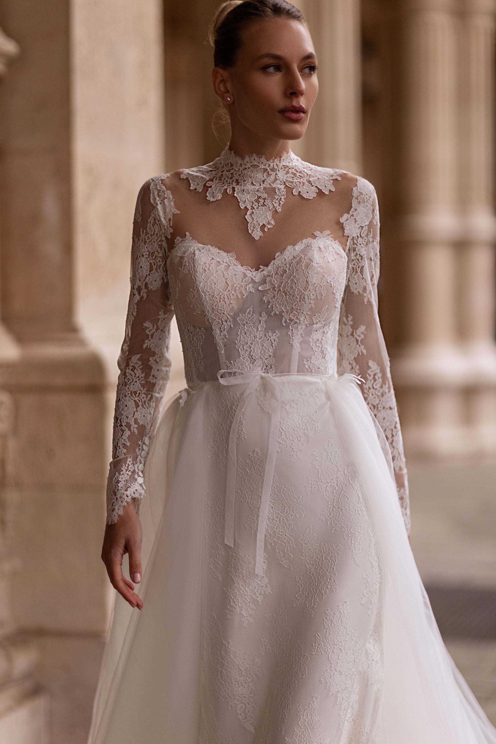 Ball Gown Wedding Dress with Lace Appliqués, Illusion High Neckline, Long Sleeves, Tulle Skirt and Cathedral Train