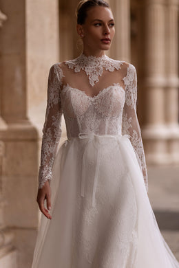 Ball Gown Wedding Dress with Lace Appliqués, Illusion High Neckline, Long Sleeves, Tulle Skirt and Cathedral Train