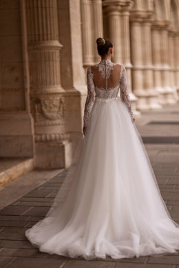 Ball Gown Wedding Dress with Lace Appliqués, Illusion High Neckline, Long Sleeves, Tulle Skirt and Cathedral Train