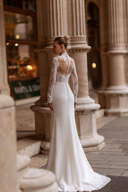 Ball Gown Wedding Dress with Lace Appliqués, Illusion High Neckline, Long Sleeves, Tulle Skirt and Cathedral Train