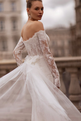 Mermaid Lace Wedding Dress with Lace Appliqués, Off-the-Shoulder Neckline, Long Sleeves, Embroidery, Chapel Train