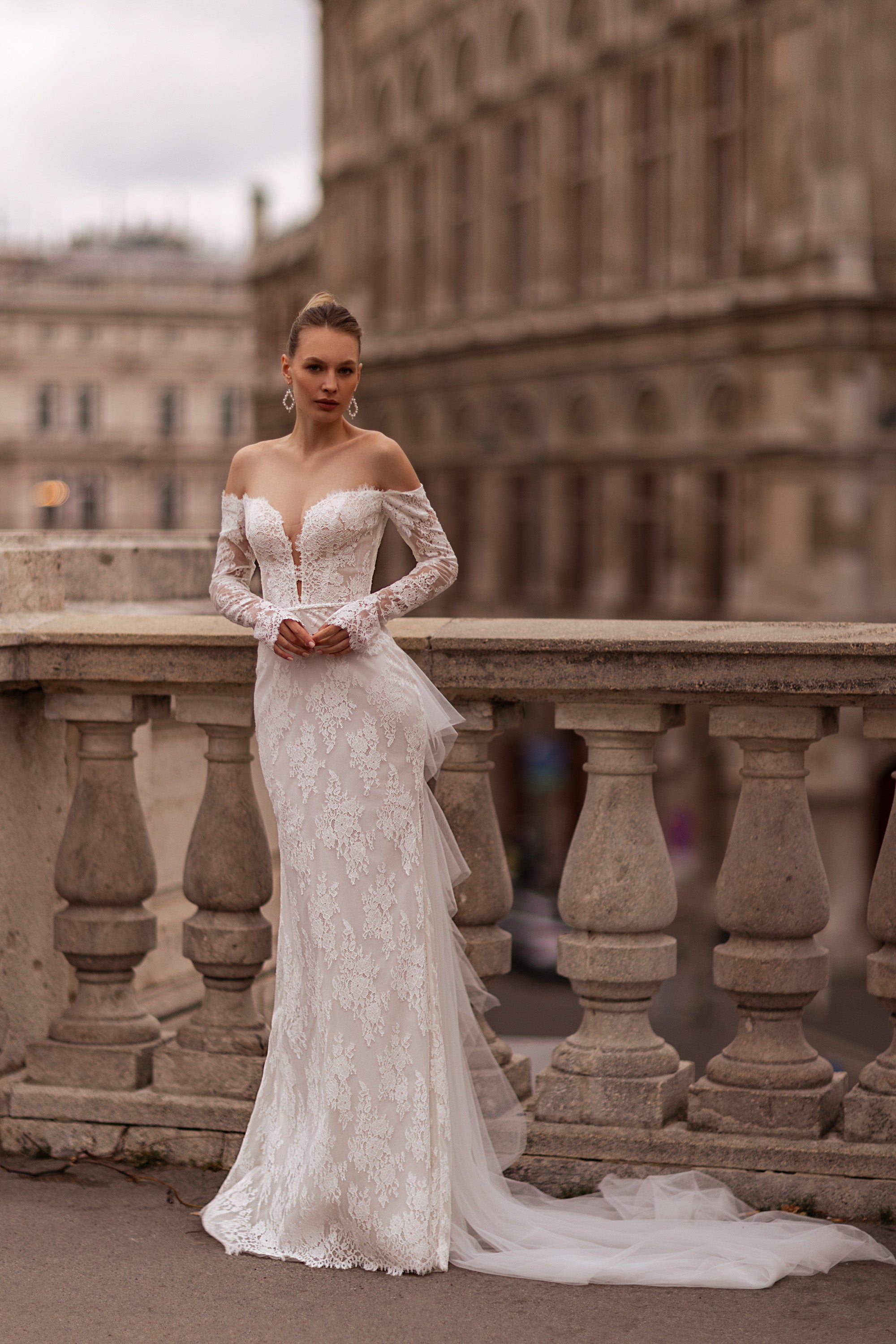 Mermaid Lace Wedding Dress with Lace Appliqués, Off-the-Shoulder Neckline, Long Sleeves, Embroidery, Chapel Train