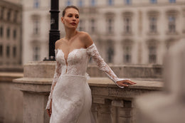 Mermaid Lace Wedding Dress with Lace Appliqués, Off-the-Shoulder Neckline, Long Sleeves, Embroidery, Chapel Train