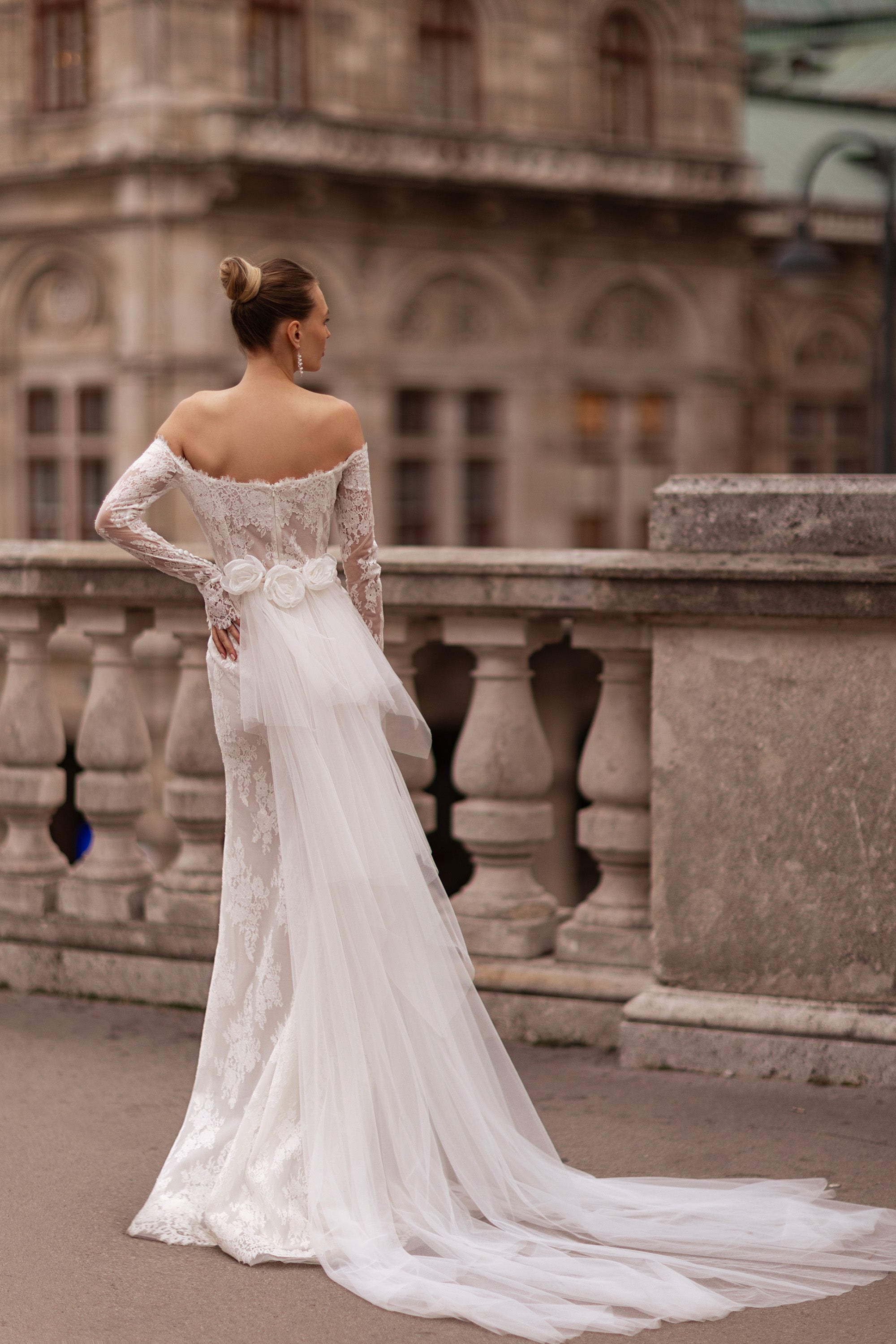 Mermaid Lace Wedding Dress with Lace Appliqués, Off-the-Shoulder Neckline, Long Sleeves, Embroidery, Chapel Train