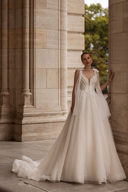 Ball Gown Wedding Dress with Lace Appliqués, Beading and Embroidery, V-Neck Illusion Bodice, Tulle Skirt, Cathedral Train