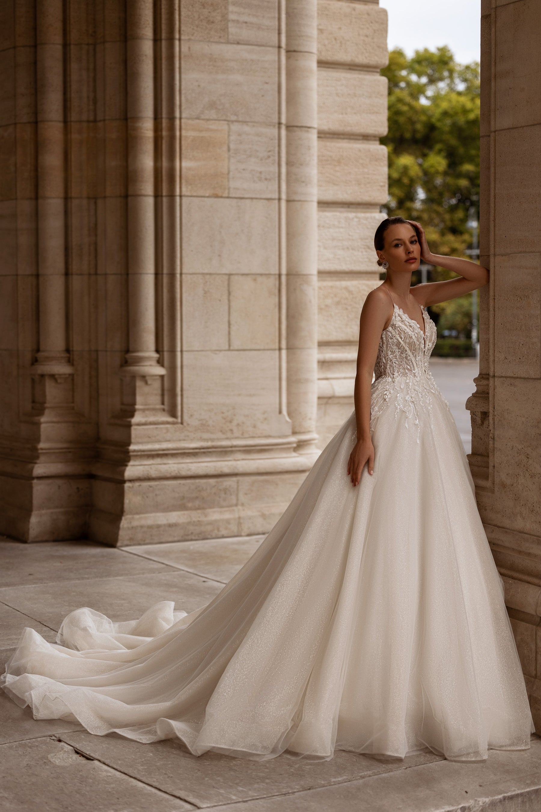 Ball Gown Wedding Dress with Lace Appliqués, Beading and Embroidery, V-Neck Illusion Bodice, Tulle Skirt, Cathedral Train