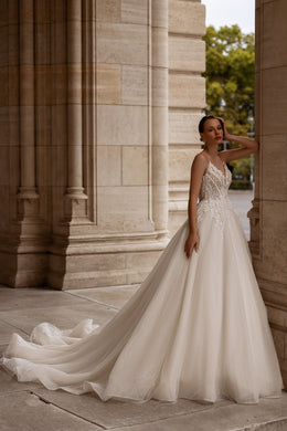 Ball Gown Wedding Dress with Lace Appliqués, Beading and Embroidery, V-Neck Illusion Bodice, Tulle Skirt, Cathedral Train