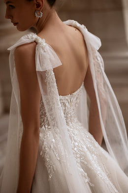 Ball Gown Wedding Dress with Lace Appliqués, Beading and Embroidery, V-Neck Illusion Bodice, Tulle Skirt, Cathedral Train