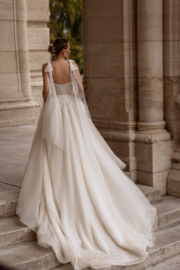 Ball Gown Wedding Dress with Lace Appliqués, Beading and Embroidery, V-Neck Illusion Bodice, Tulle Skirt, Cathedral Train