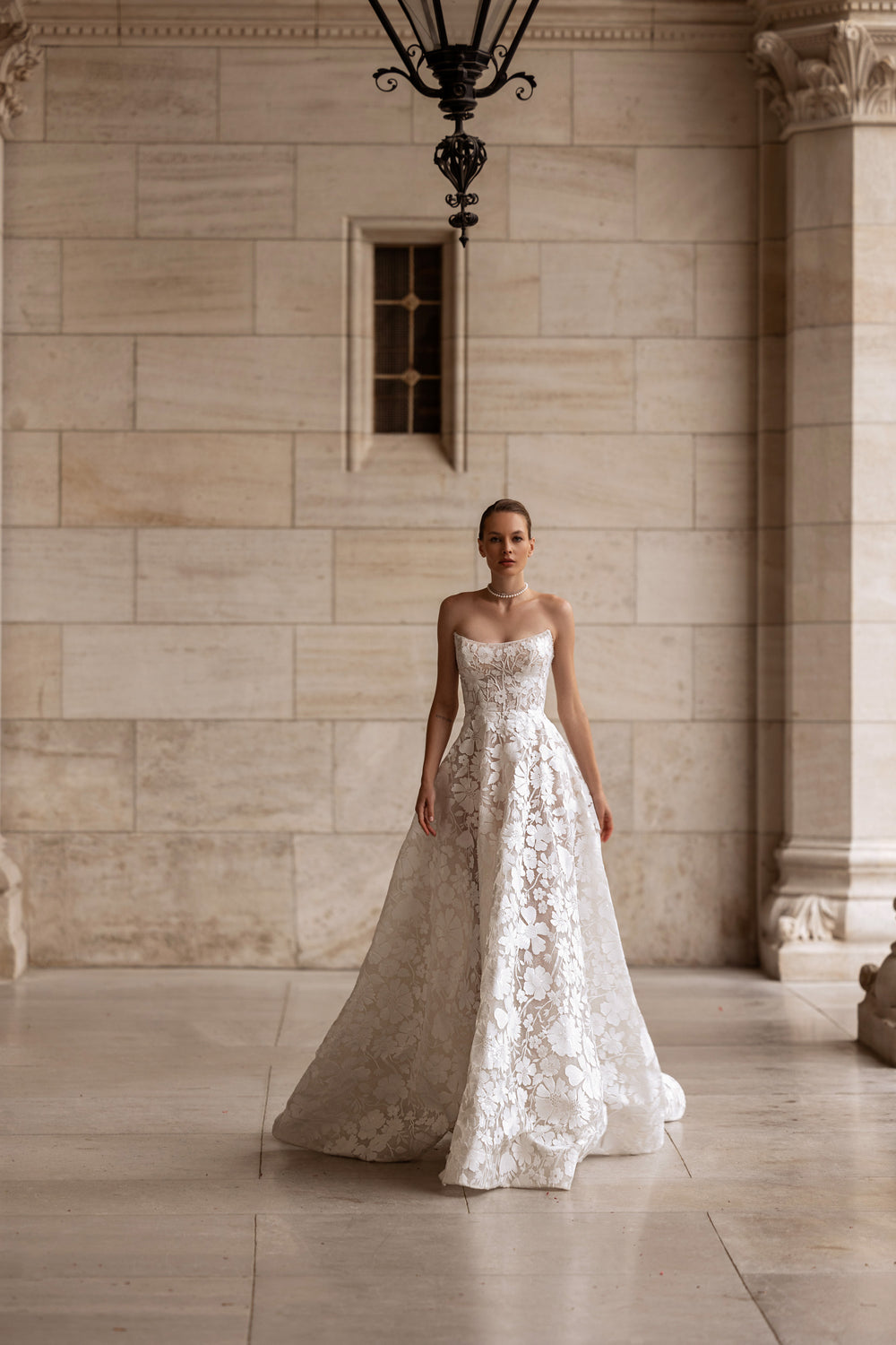 A-Line Strapless Sweetheart Lace Gown with Floral Lace Appliqués, Embroidered Bodice, Cathedral Train