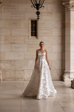 A-Line Strapless Sweetheart Lace Gown with Floral Lace Appliqués, Embroidered Bodice, Cathedral Train