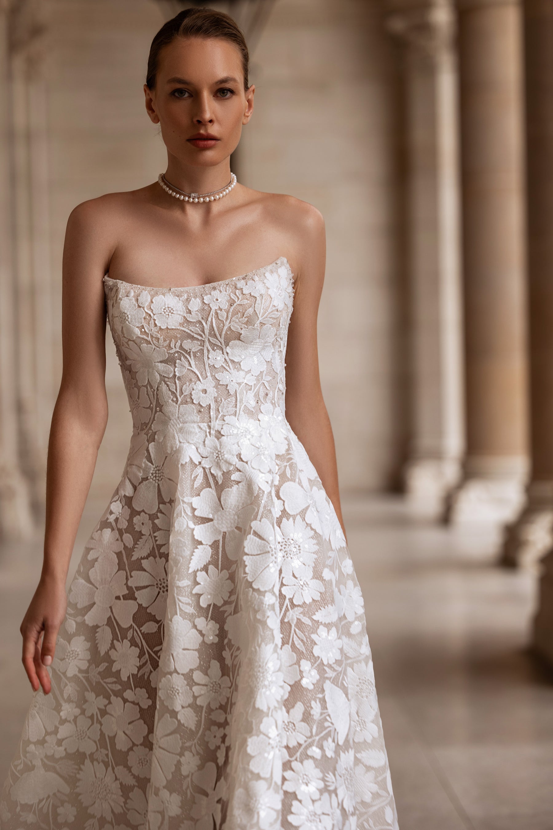 A-Line Strapless Sweetheart Lace Gown with Floral Lace Appliqués, Embroidered Bodice, Cathedral Train