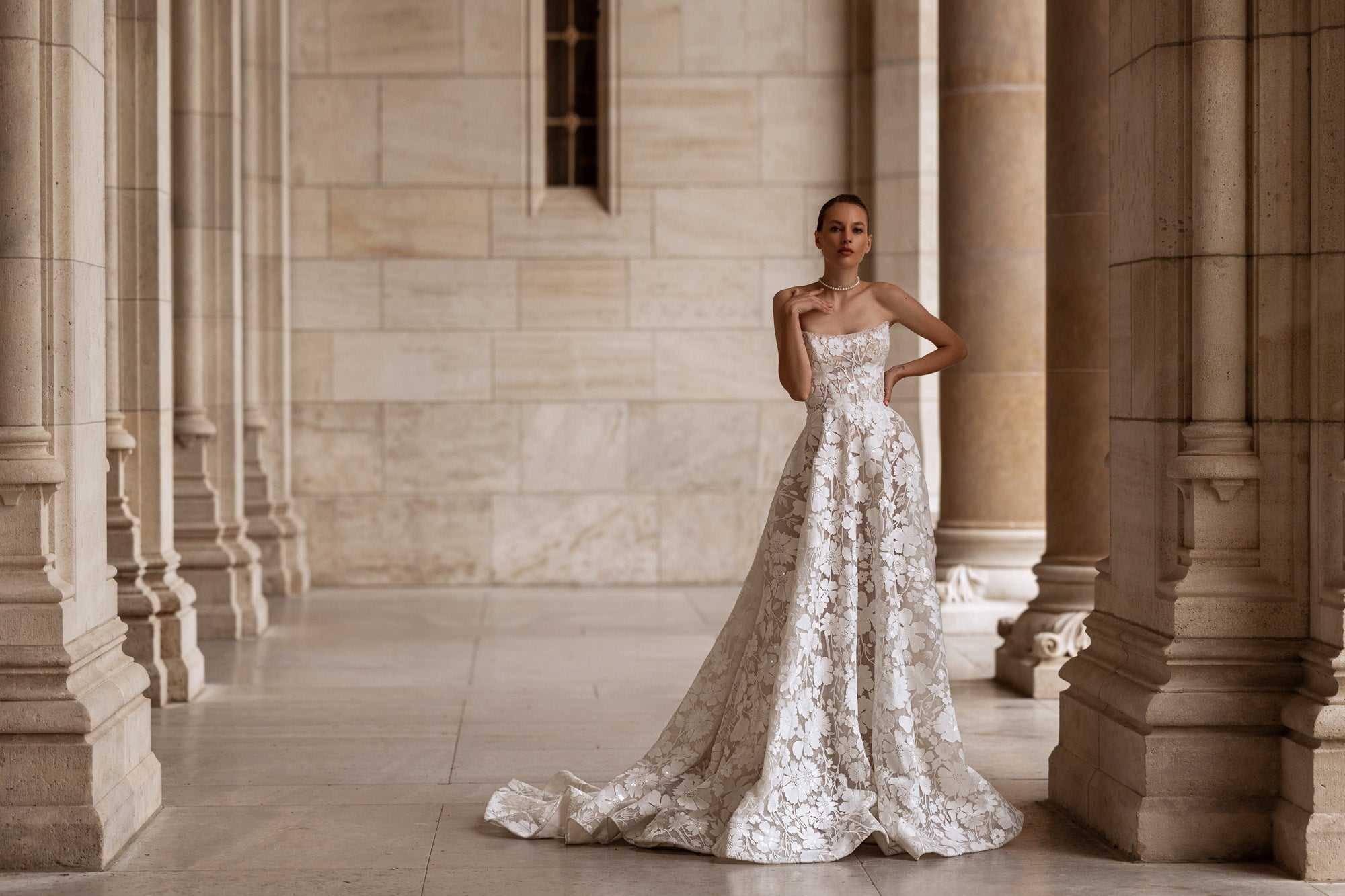 A-Line Strapless Sweetheart Lace Gown with Floral Lace Appliqués, Embroidered Bodice, Cathedral Train