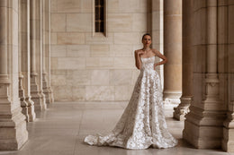 A-Line Strapless Sweetheart Lace Gown with Floral Lace Appliqués, Embroidered Bodice, Cathedral Train