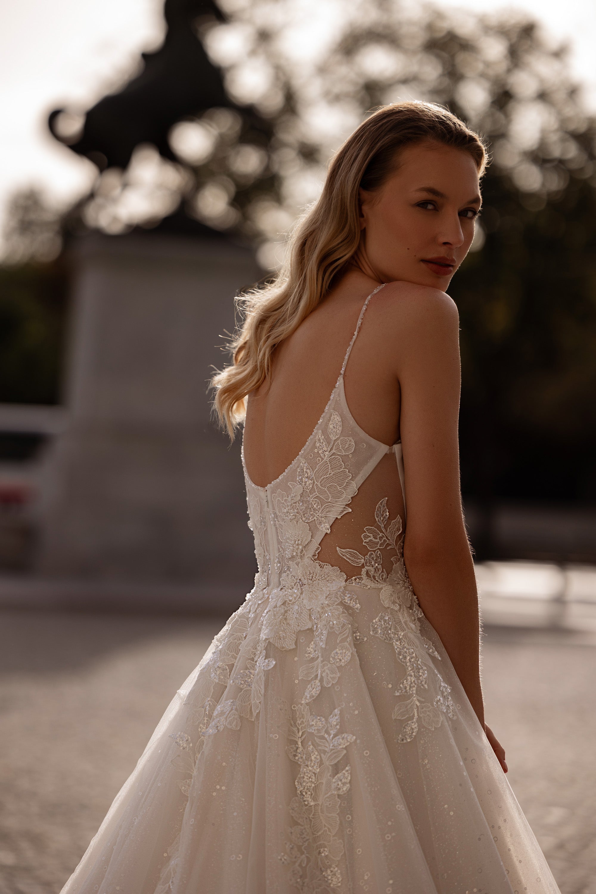 Ball Gown Wedding Dress with Tulle Skirt, Lace Appliqués, Beading and Crystals, Plunging V-Neck, Spaghetti Straps, Cathedral Train
