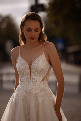 Ball Gown Wedding Dress with Tulle Skirt, Lace Appliqués, Beading and Crystals, Plunging V-Neck, Spaghetti Straps, Cathedral Train