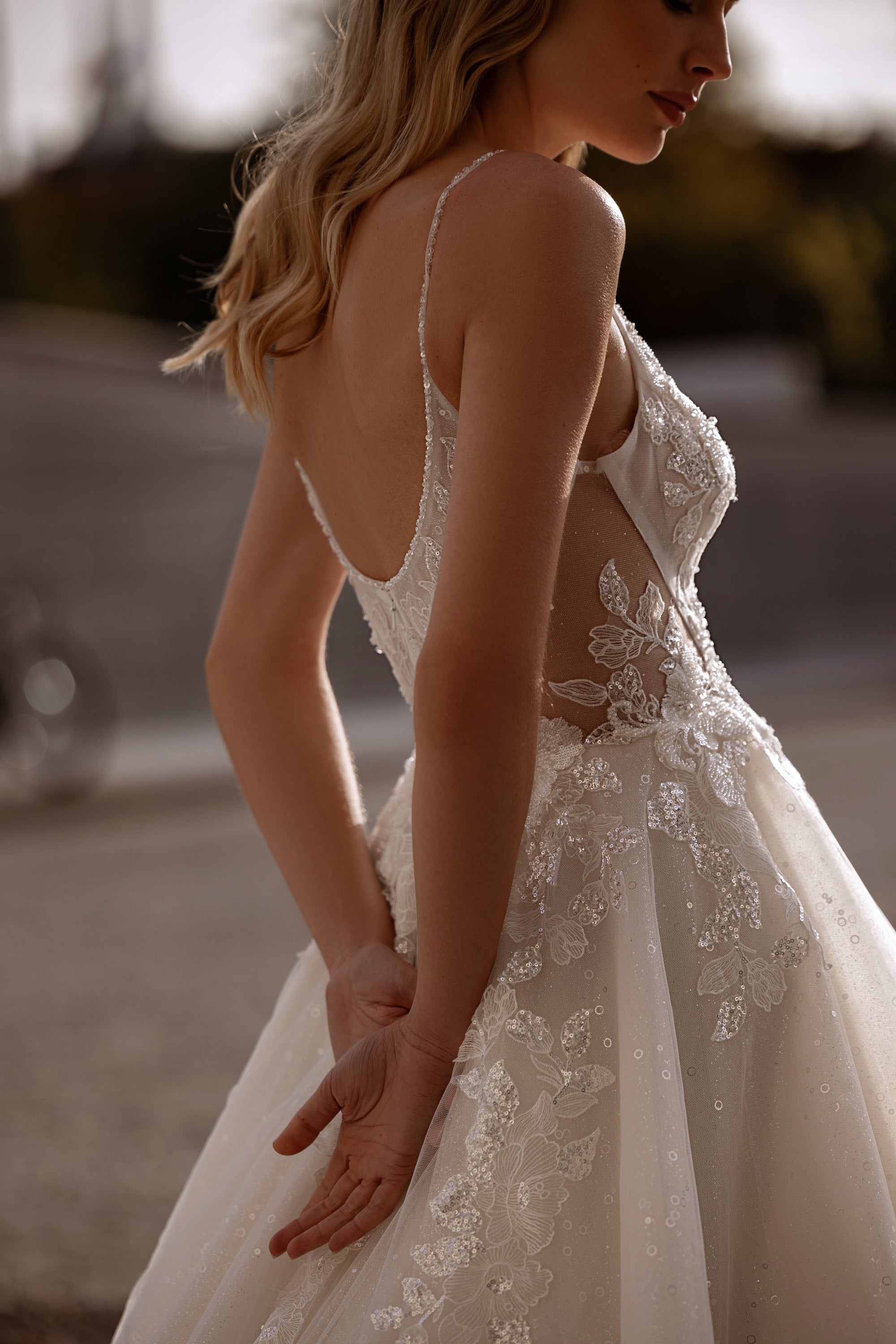 Ball Gown Wedding Dress with Tulle Skirt, Lace Appliqués, Beading and Crystals, Plunging V-Neck, Spaghetti Straps, Cathedral Train