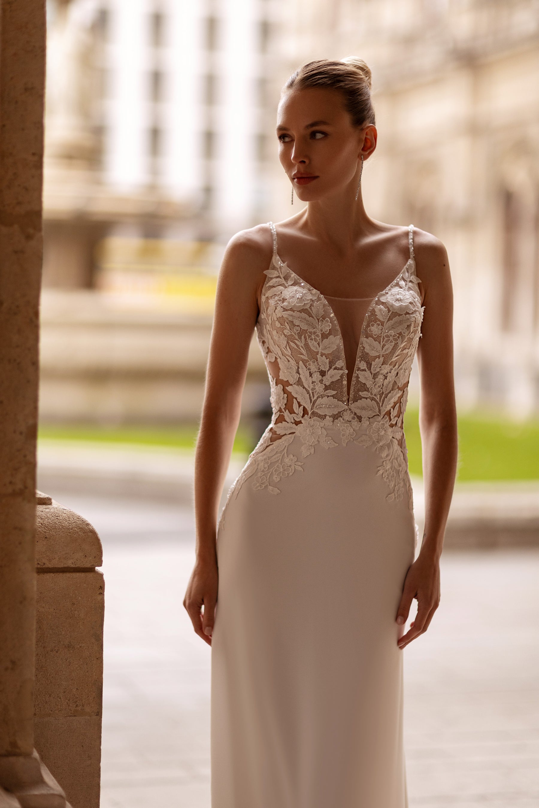Sheath Wedding Dress With Lace Appliqués, Embroidered Bodice, Illusion V-Neck, Sleeveless Straps, Crepe Skirt