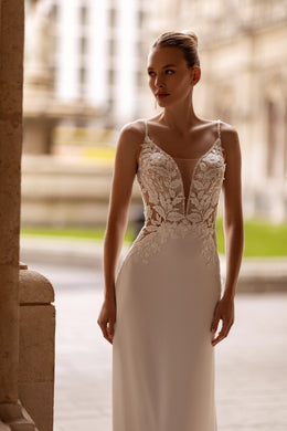 Sheath Wedding Dress With Lace Appliqués, Embroidered Bodice, Illusion V-Neck, Sleeveless Straps, Crepe Skirt