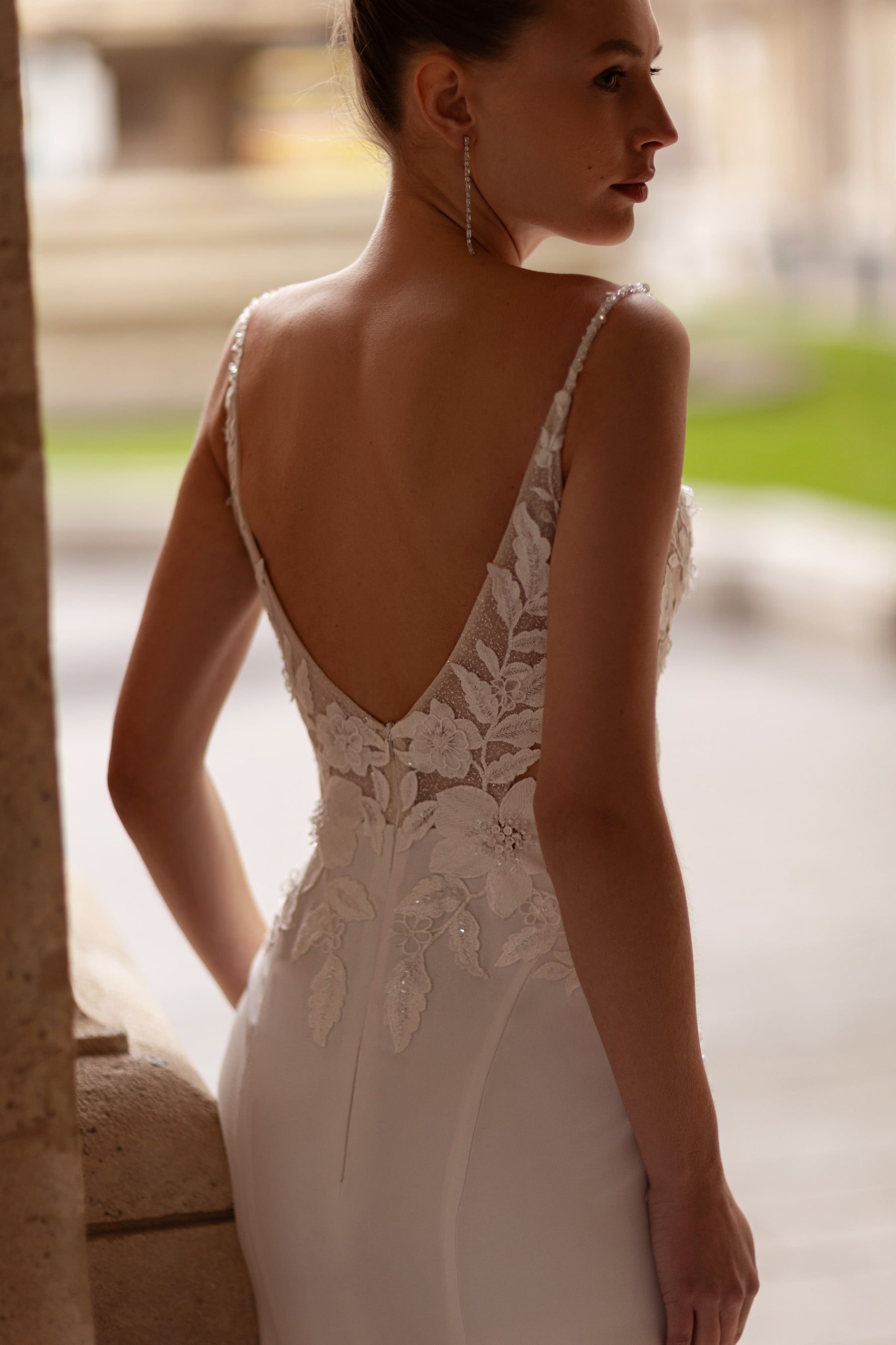 Sheath Wedding Dress With Lace Appliqués, Embroidered Bodice, Illusion V-Neck, Sleeveless Straps, Crepe Skirt