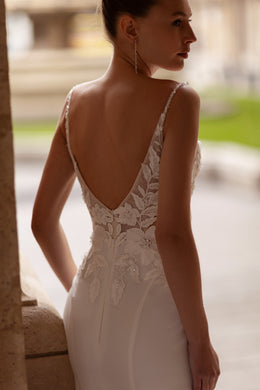 Sheath Wedding Dress With Lace Appliqués, Embroidered Bodice, Illusion V-Neck, Sleeveless Straps, Crepe Skirt