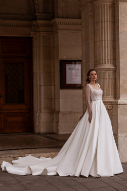 Sheath Wedding Dress With Lace Appliqués, Embroidered Bodice, Illusion V-Neck, Sleeveless Straps, Crepe Skirt