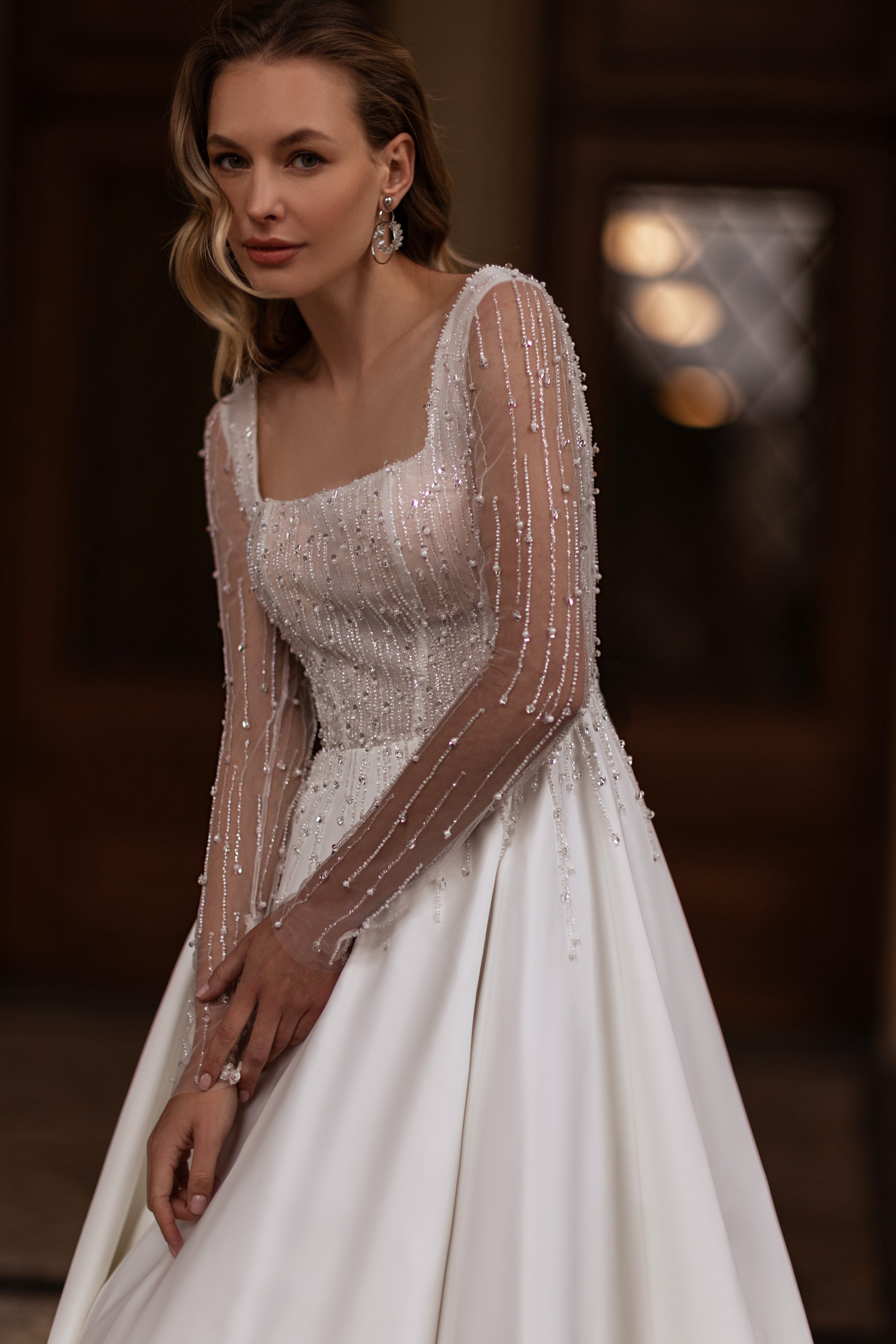Ball Gown Satin Wedding Dress with Beaded Bodice, Long Sleeves, Square Neckline, Cathedral Train
