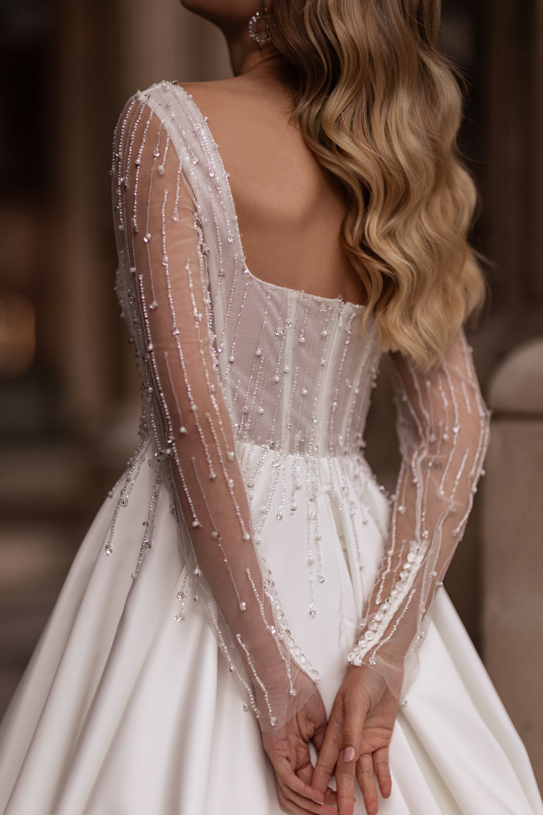 Ball Gown Satin Wedding Dress with Beaded Bodice, Long Sleeves, Square Neckline, Cathedral Train