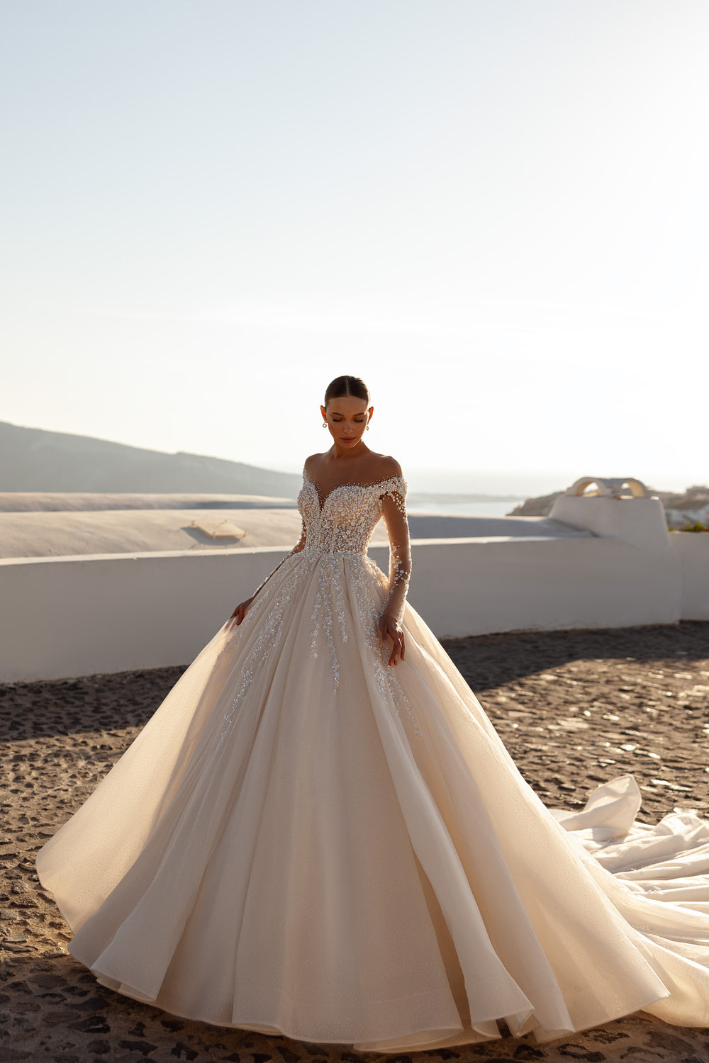 Ball Gown Wedding Dress with Illusion Sleeves and Beading