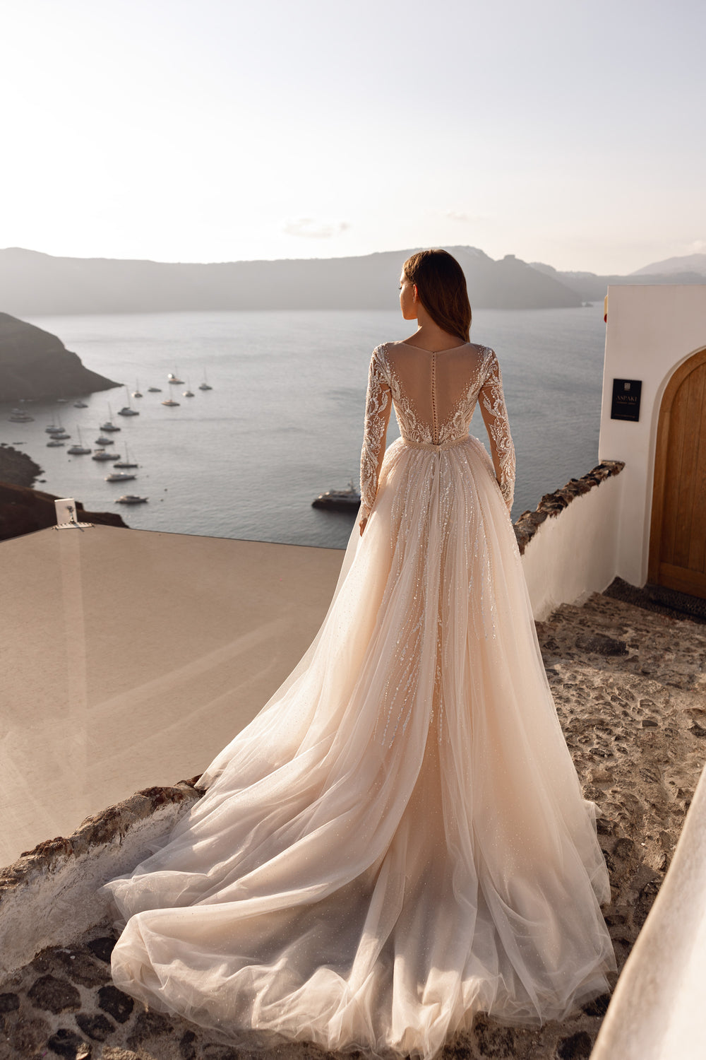 Sheath Wedding Dress with Illusion Sleeves and Detachable Overskirt