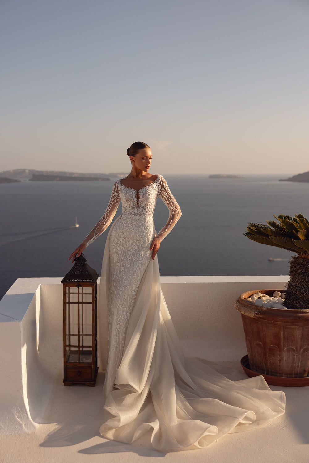 Sheath Wedding Dress with Illusion Sleeves and Detachable Overskirt