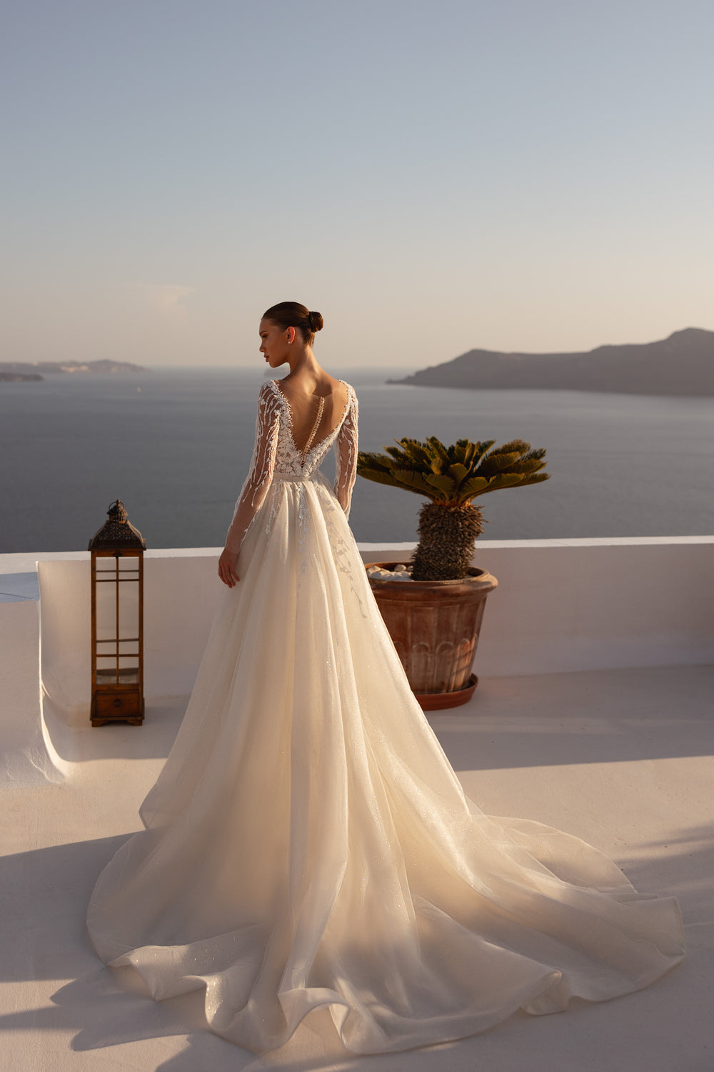 Sheath Wedding Dress with Illusion Sleeves and Detachable Overskirt