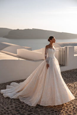 Ivory ball gown wedding dress with sheer lace sleeves, sparkling full skirt, and sweeping train