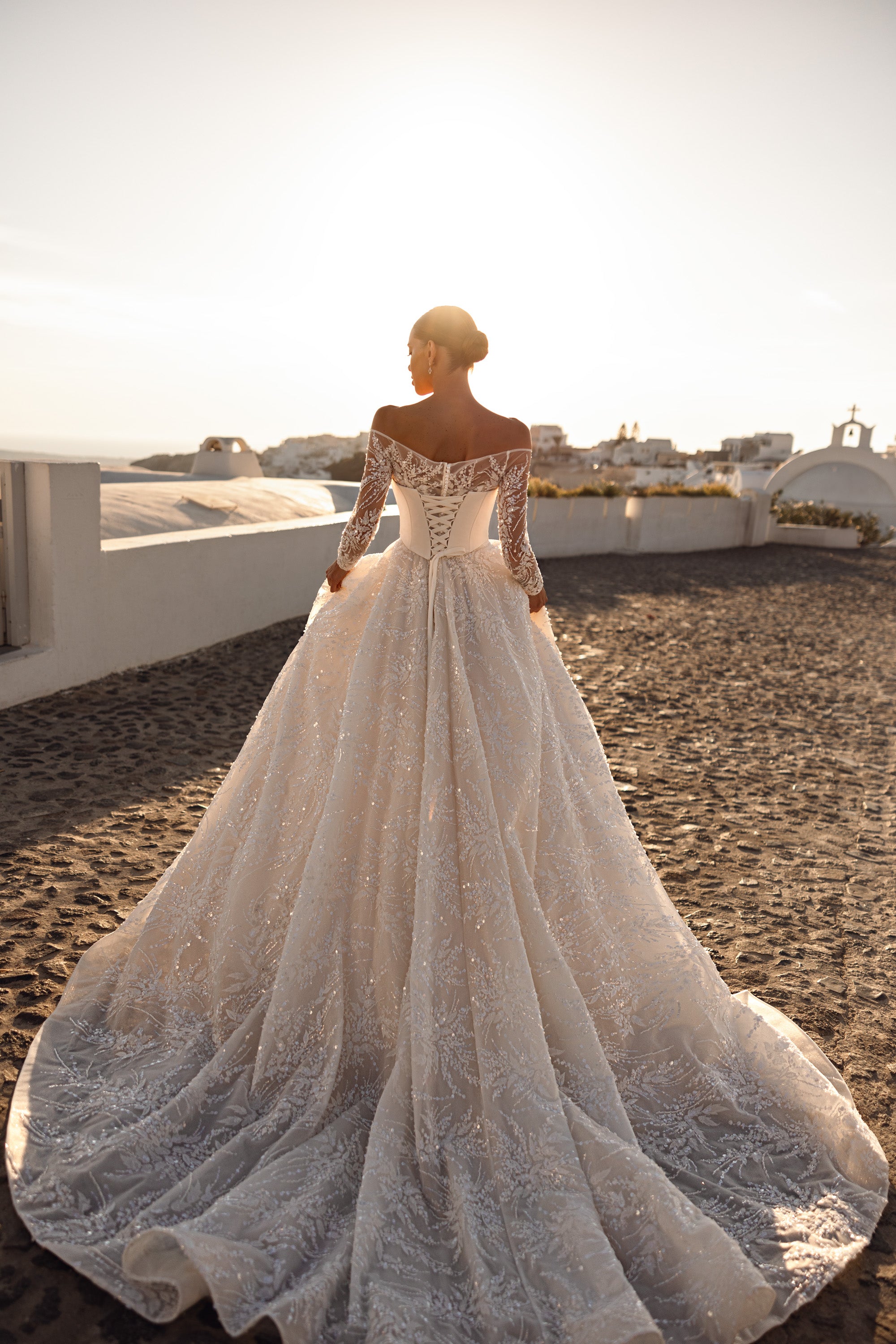 Back view of an ivory wedding dress with an illusion lace bodice, sheer sleeves, and a long train