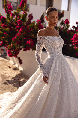 Ivory wedding dress with a fitted lace bodice, off-the-shoulder neckline, long sleeves, and flowing ball gown skirt