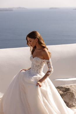 Ivory A-line wedding dress with off-shoulder lace sleeves, a fitted lace bodice, and a full flowing skirt