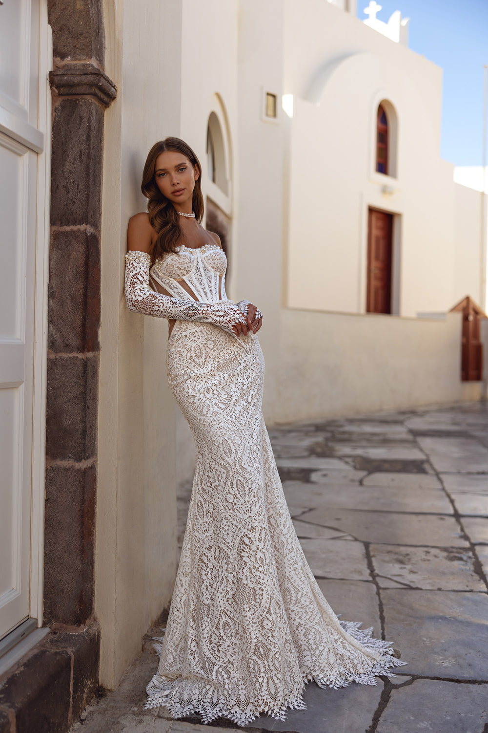 Mermaid Lace Wedding Dress with Detachable Overskirt and Pearl Detail