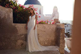 Ivory sparkling sheath wedding dress with a long trailing cape and subtle train