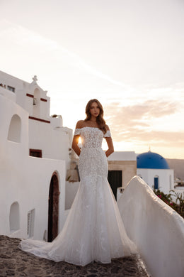 Full-length ivory wedding dress with an embellished lace mermaid silhouette and sweeping train