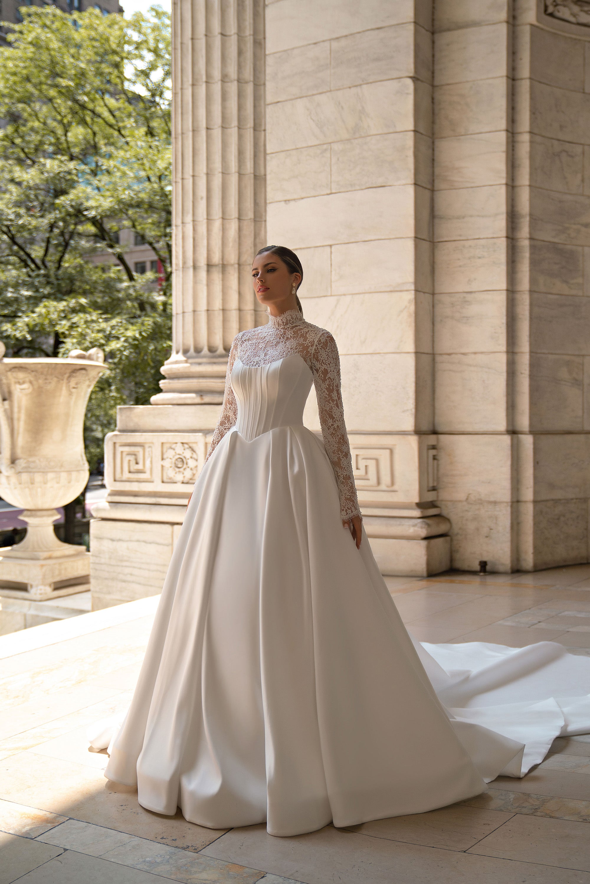 Ball Gown Wedding Dress with High Neck Lace Bodice
