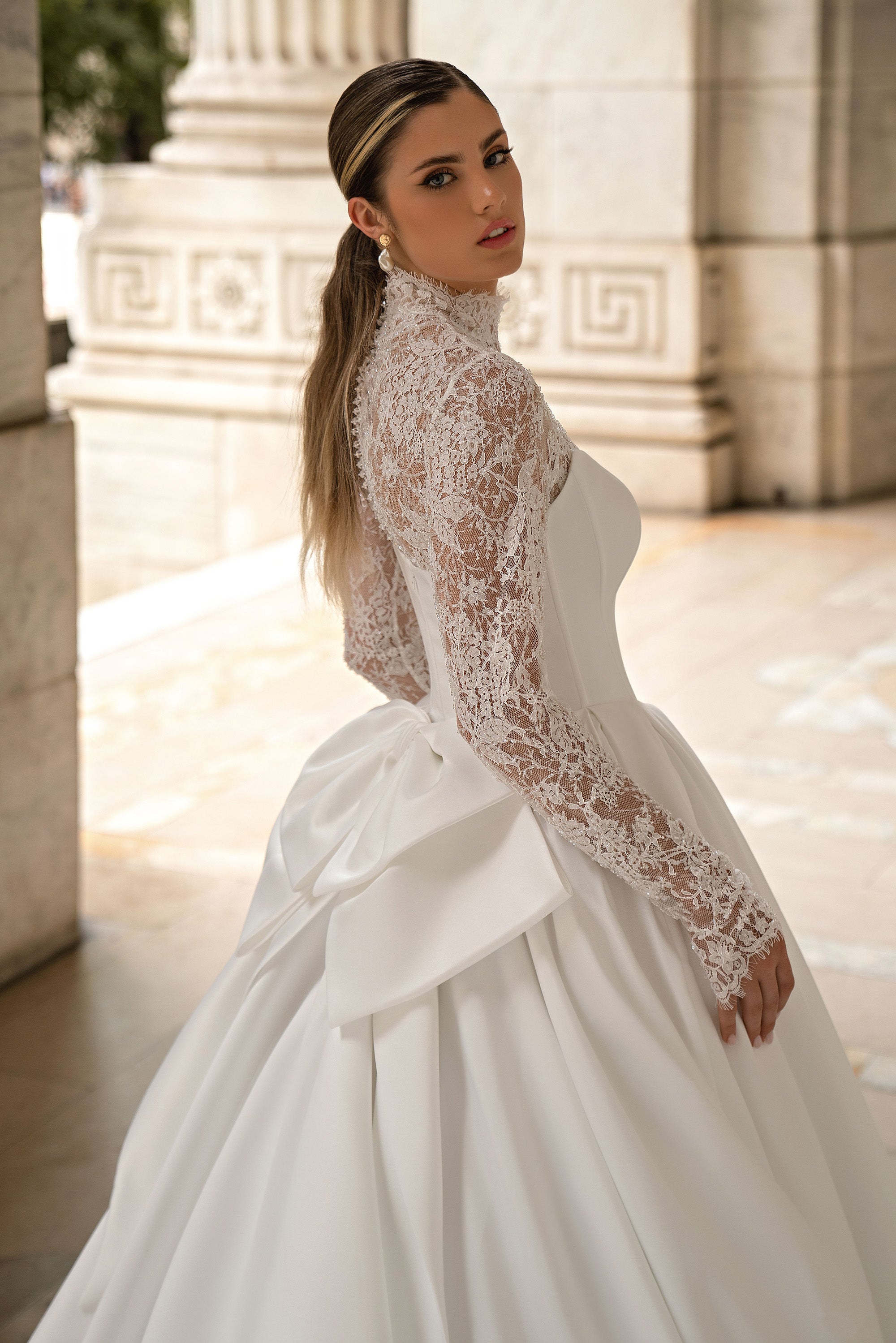 Ball Gown Wedding Dress with High Neck Lace Bodice