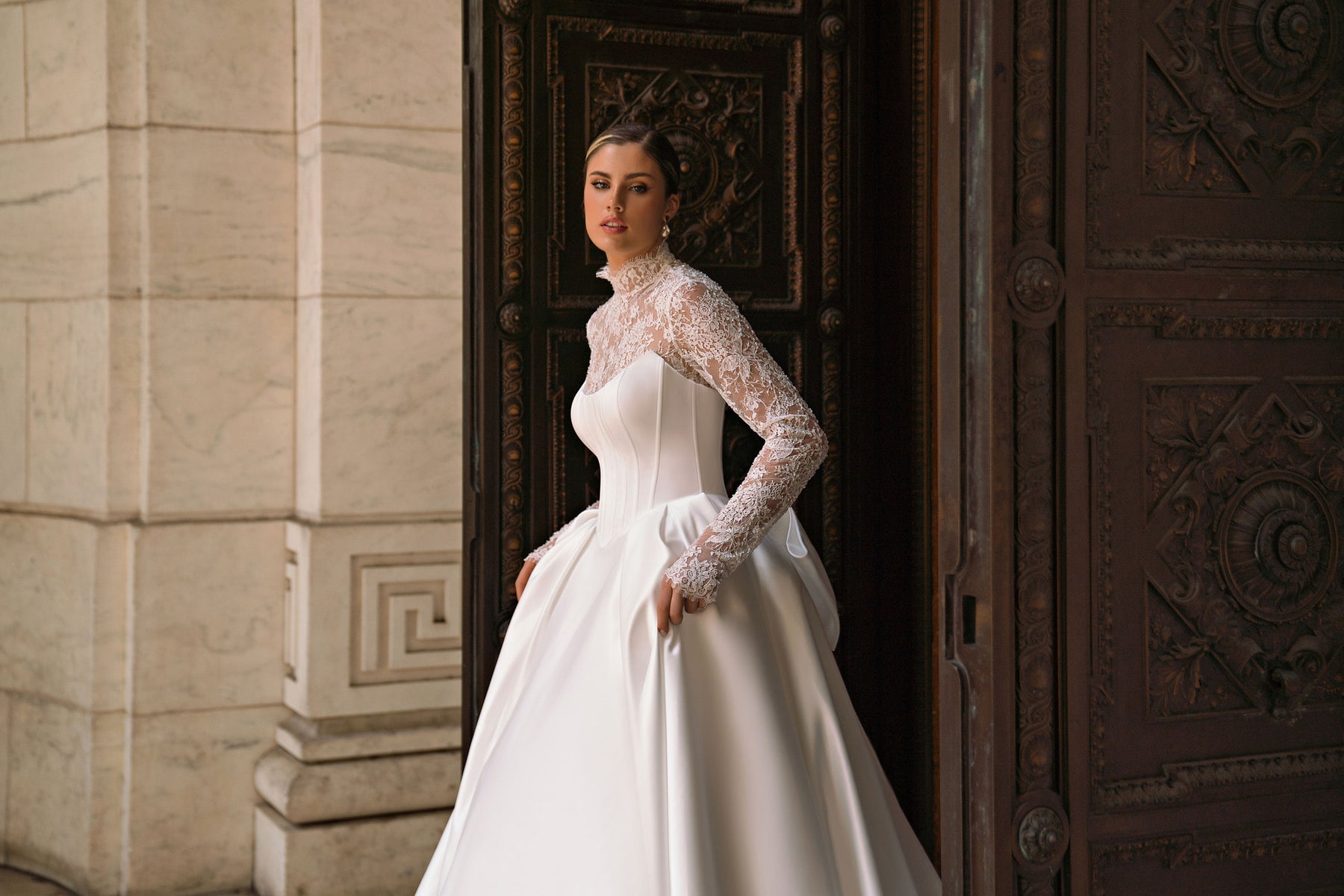 Ball Gown Wedding Dress with High Neck Lace Bodice