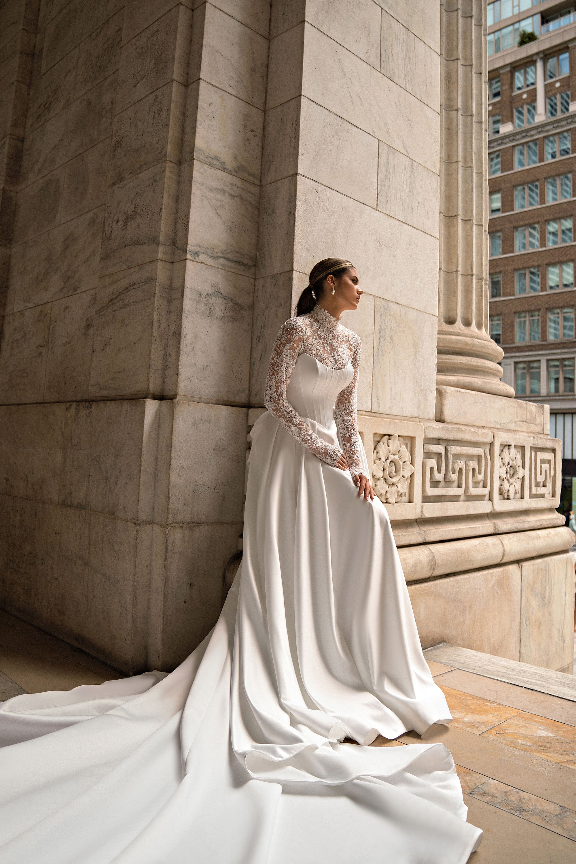 Ball Gown Wedding Dress with High Neck Lace Bodice