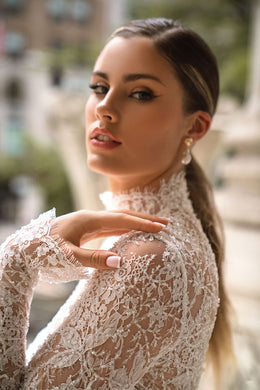 Ball Gown Wedding Dress with High Neck Lace Bodice