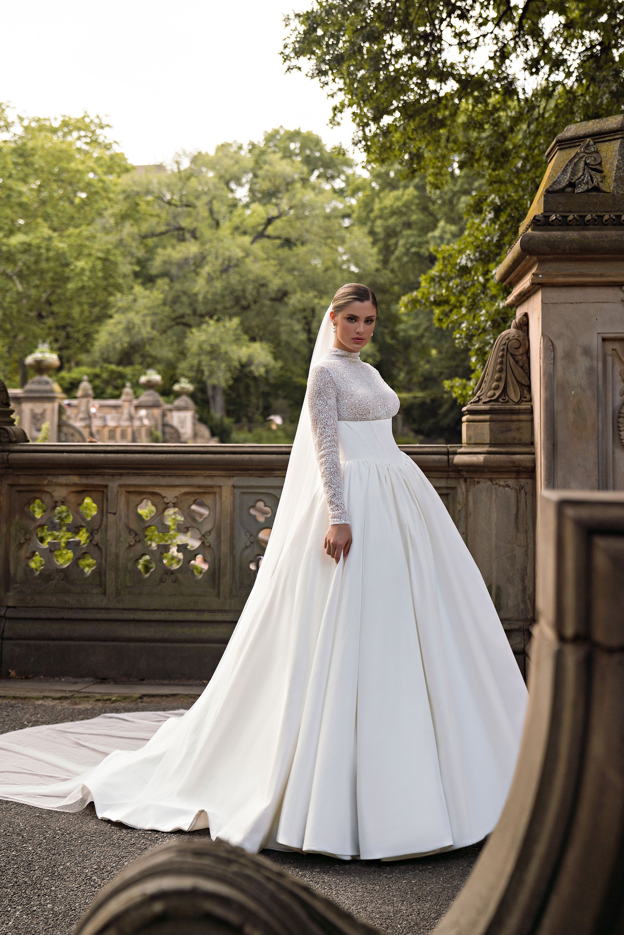 Ball Gown Wedding Dress with High Neck Beaded Bodice