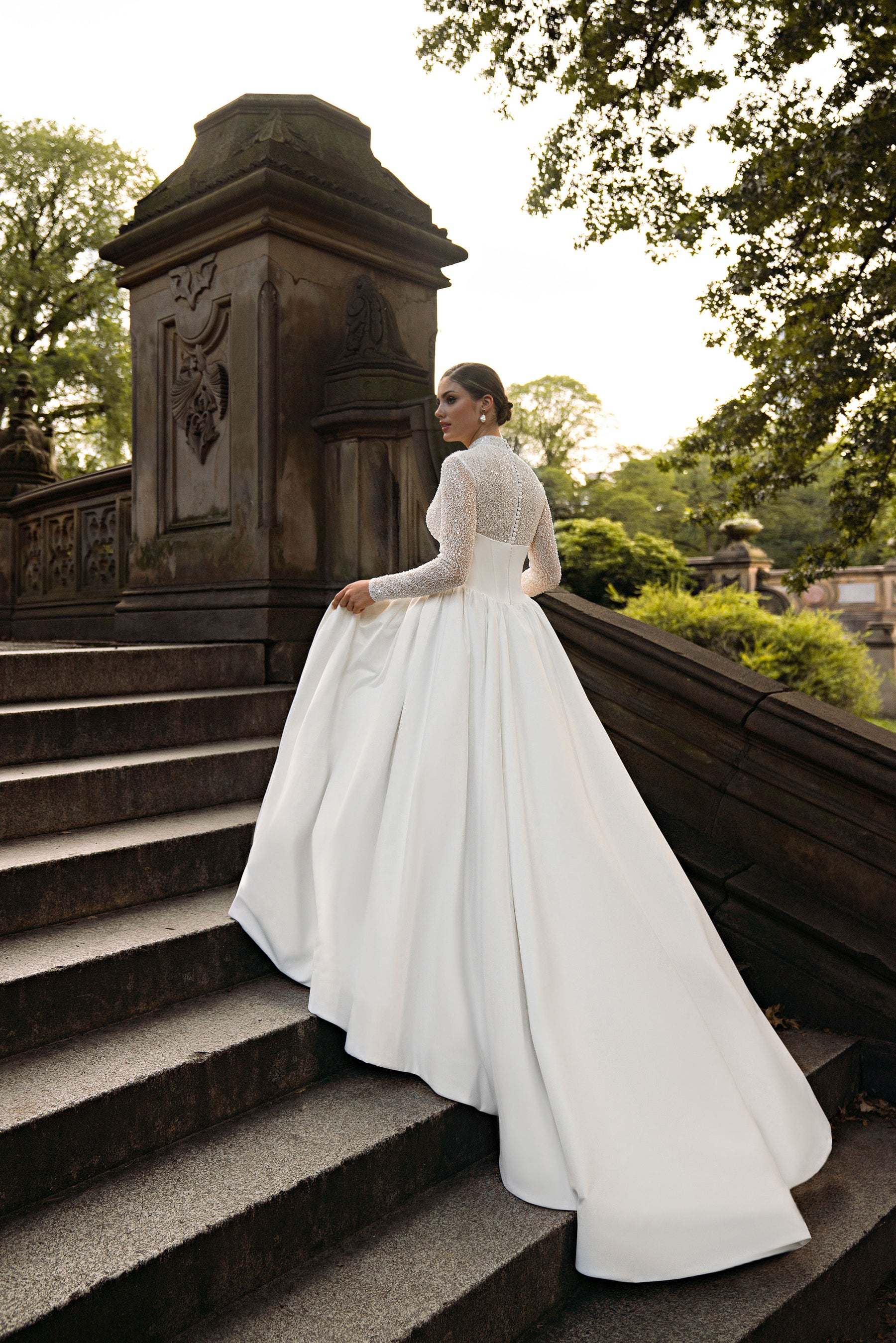 Ball Gown Wedding Dress with High Neck Beaded Bodice