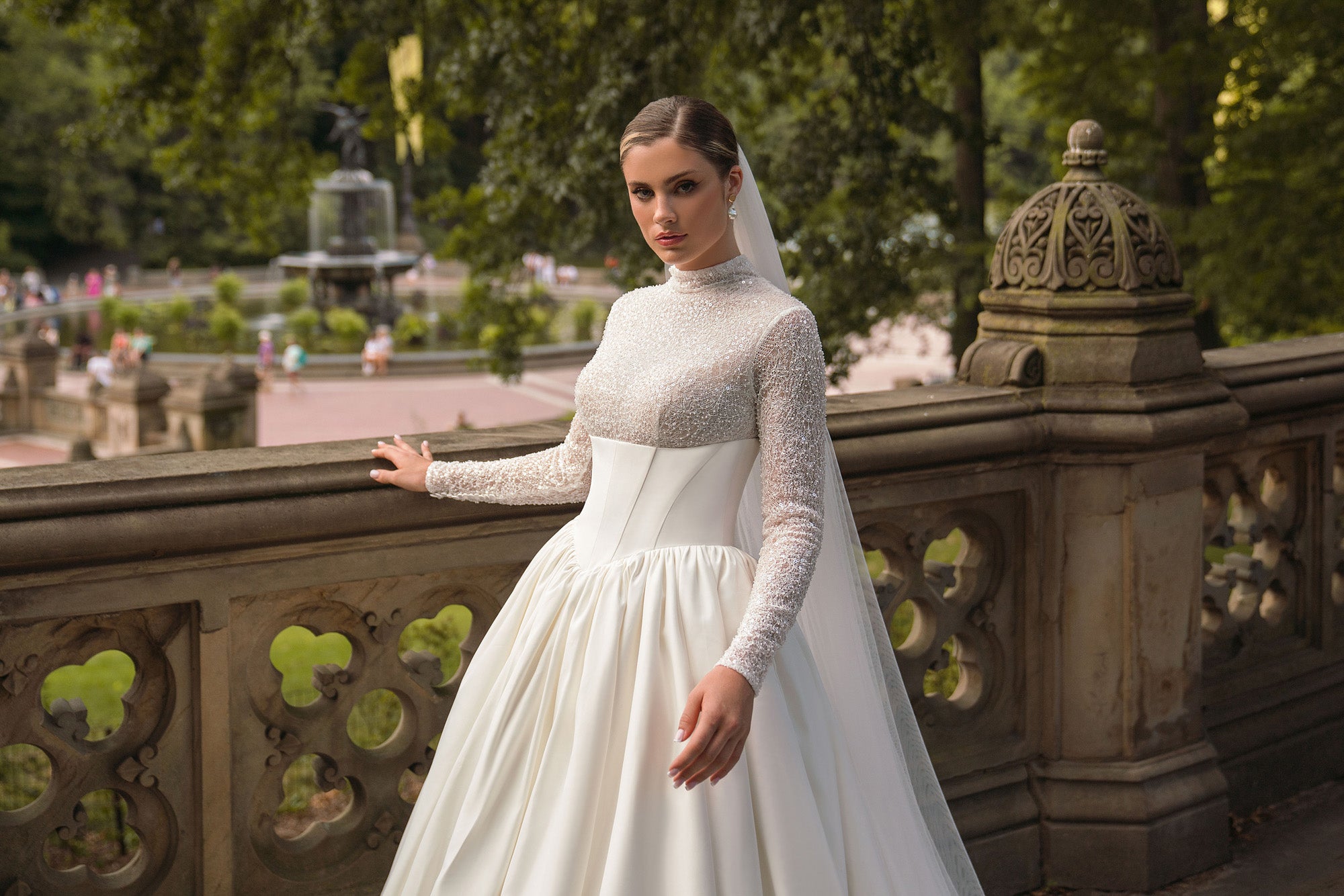 Ball Gown Wedding Dress with High Neck Beaded Bodice