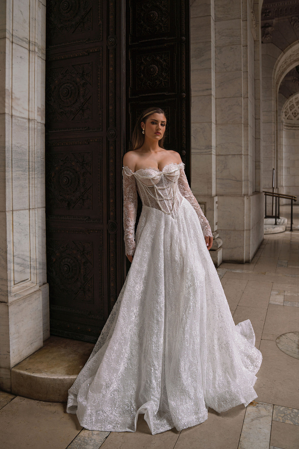 A-Line Wedding Dress with Off-The-Shoulder Beaded Lace Bodice