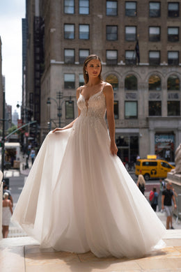 A-Line Wedding Dress with V-Neck Beaded Lace Bodice